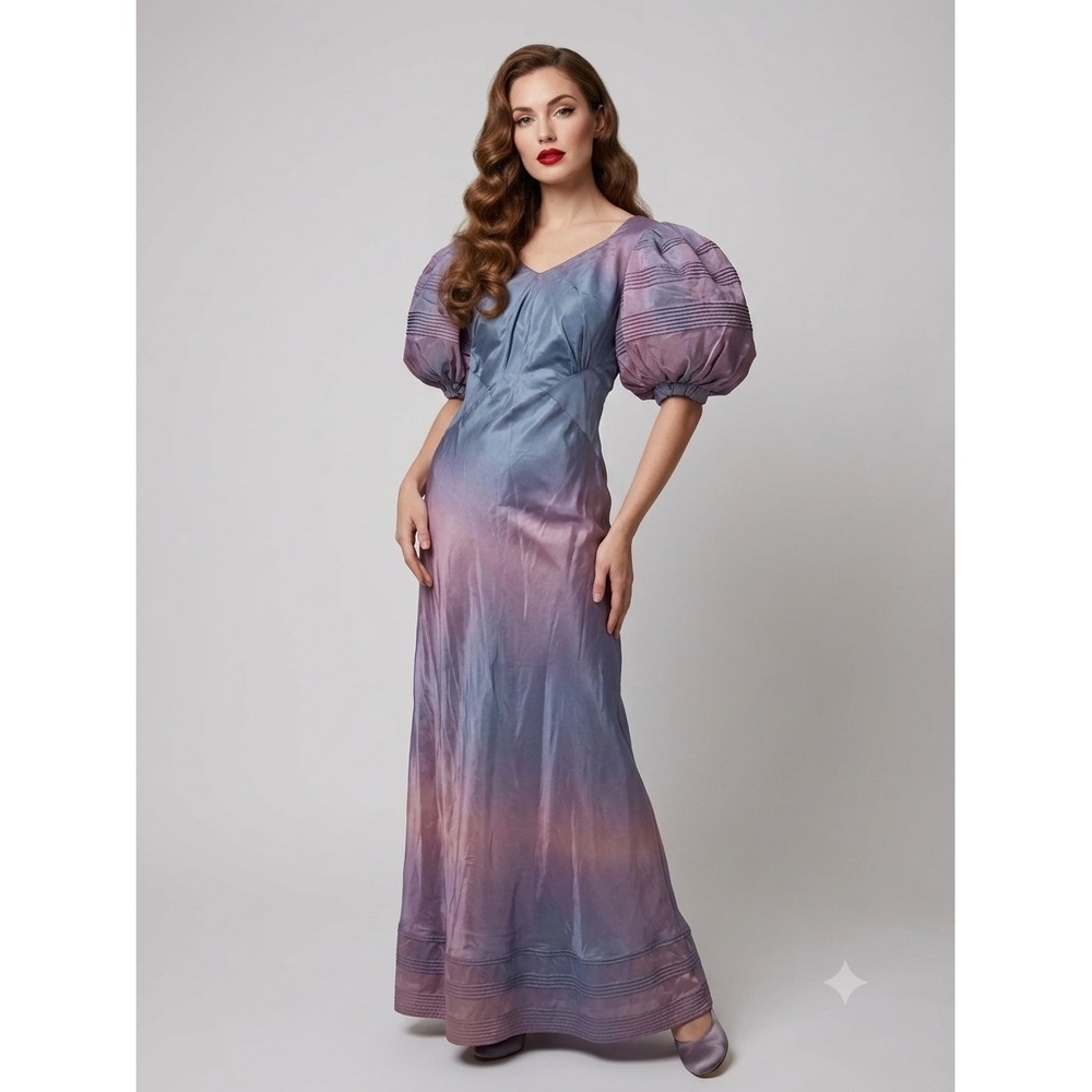 Rare Vintage 1930s Ombre Rayon Gown Puff Sleeve Old Hollywood Blue Purple Dress